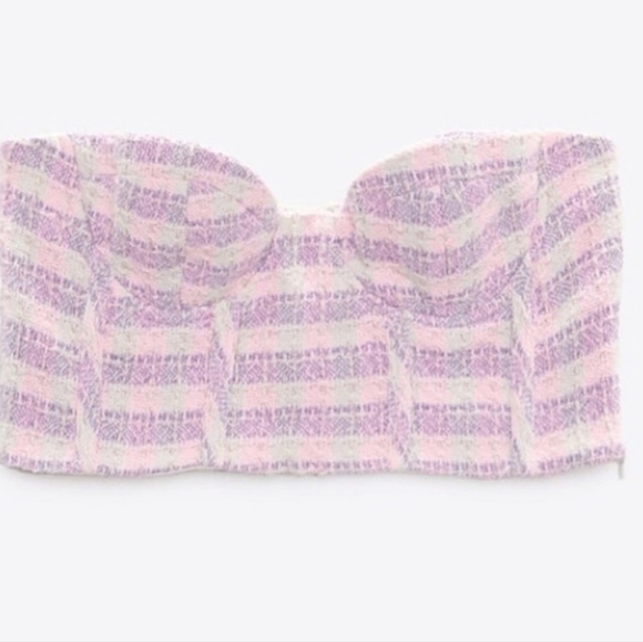 Zara textural plaid corset crop bustier pi k purple medium NWT - Picture 4 of 11